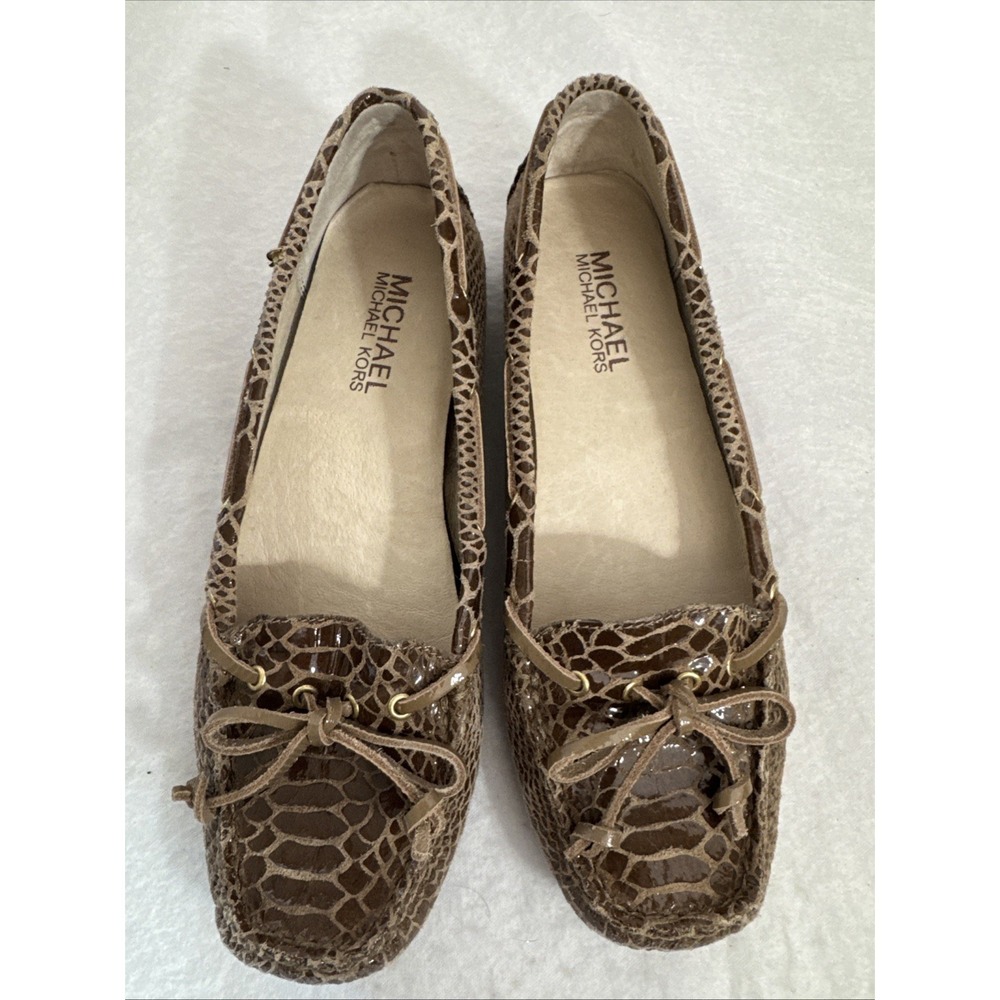 Michael Kors Leather Moccasins Snake Skin Brown Bows Loafer Flats Size 5.5  NWOB